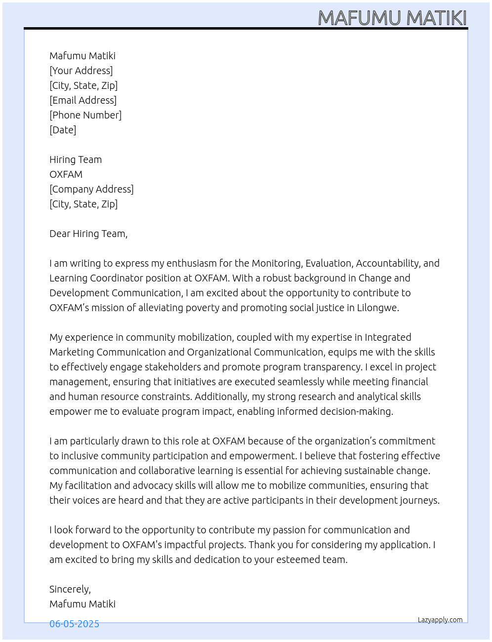 Monitoring evaluation accountability and learning coordinator At OXFAM Cover Letter
