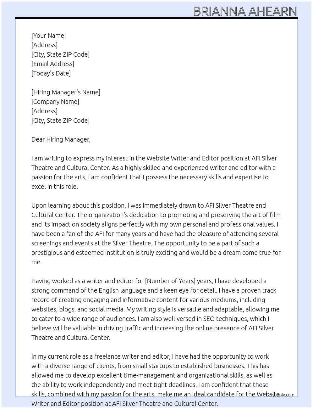 Website Writer and Editor At AFI Silver Theatre and Cultural Center Cover Letter