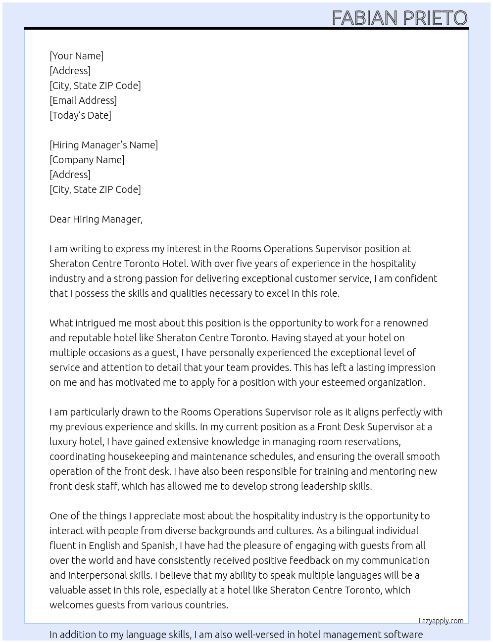 Rooms Operations Supervisor At Sheraton Centre Toronto Hotel Cover Letter