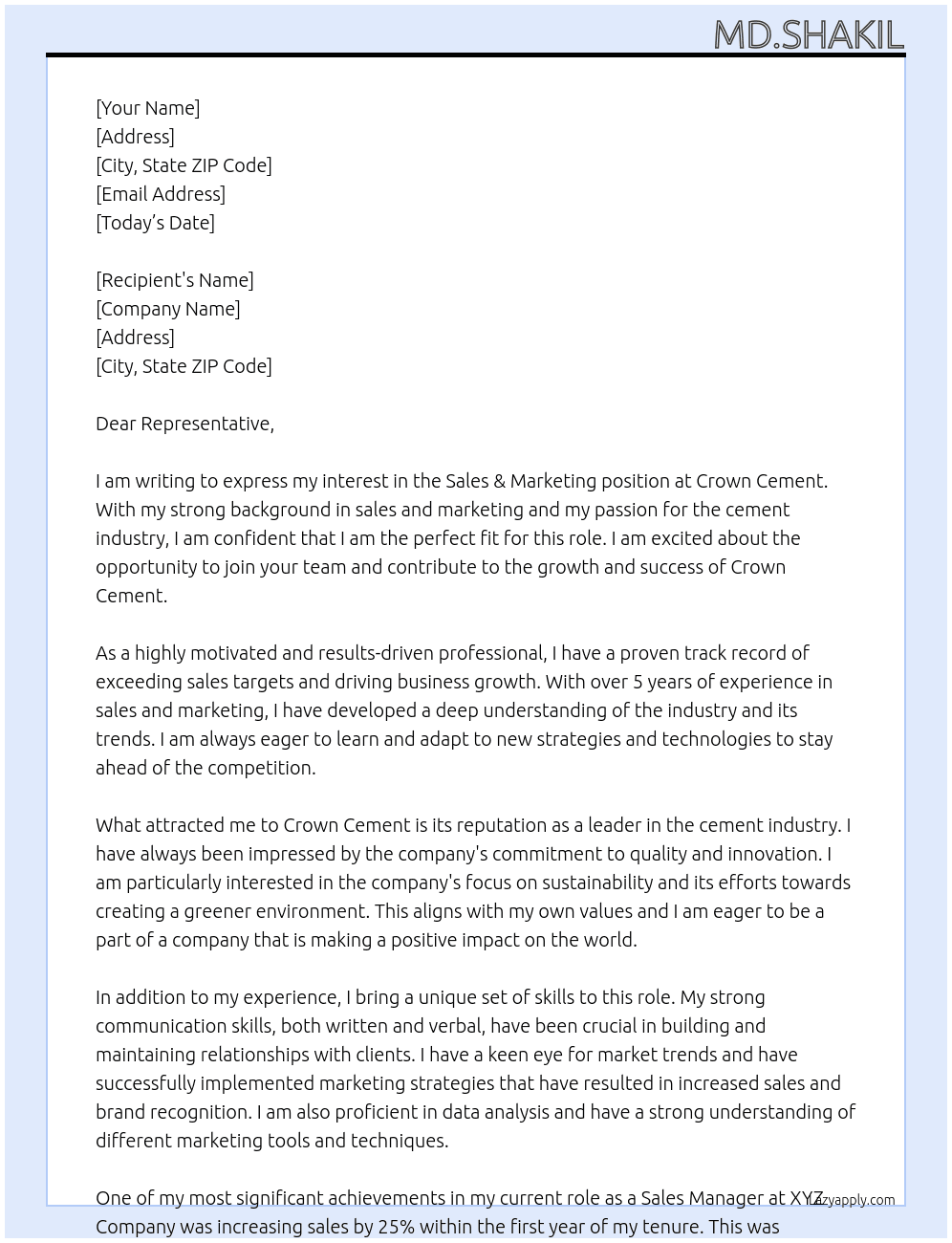 Sales & marketing  At Crown cement  Cover Letter