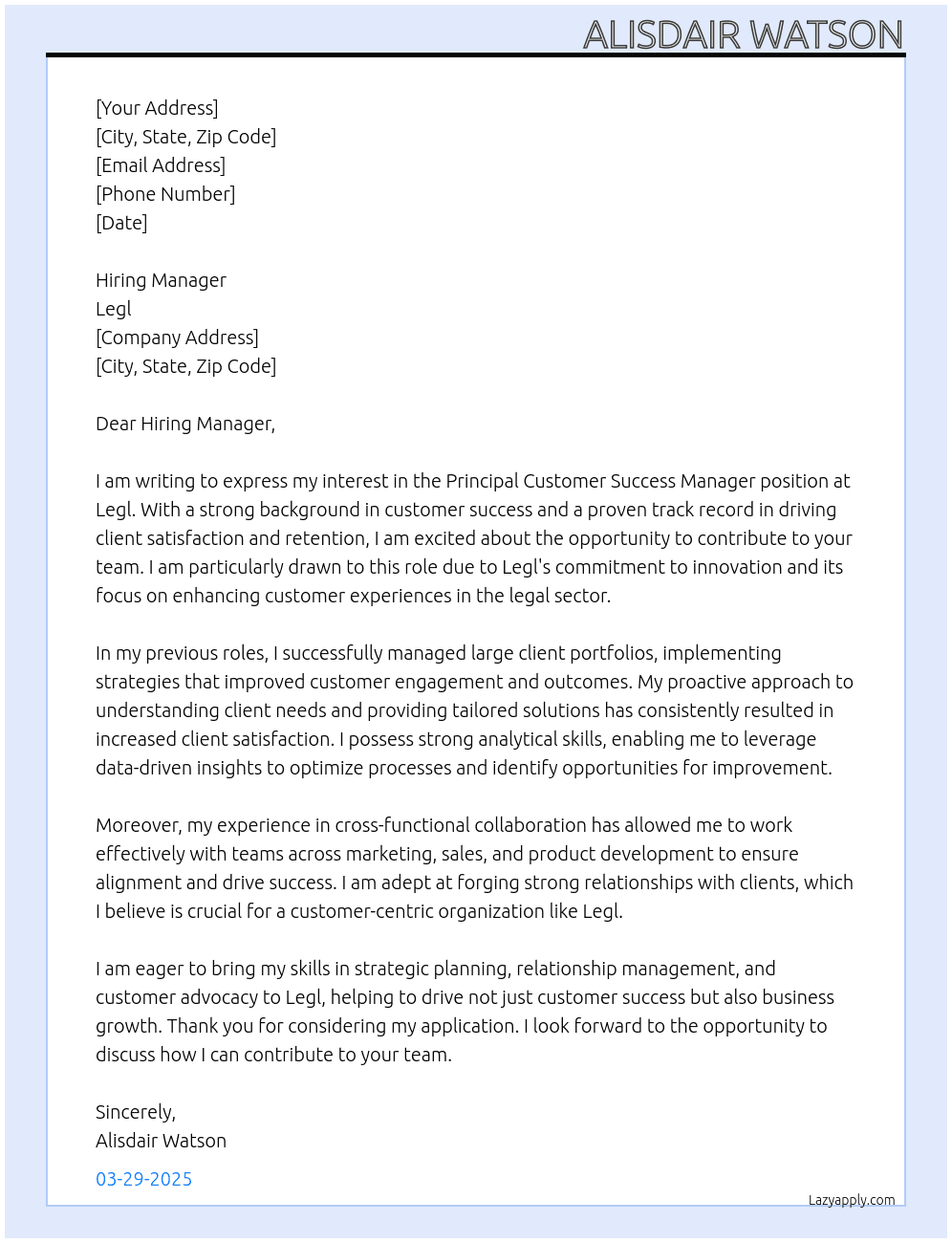 Principal Customer Success Manager At Legl Cover Letter