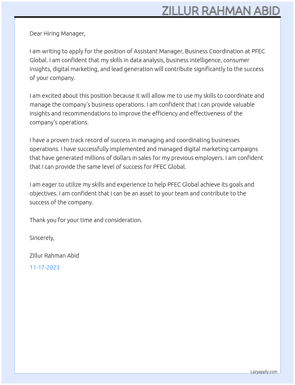Assistant Manager, Business Coordination At PFEC Globa Cover Letter