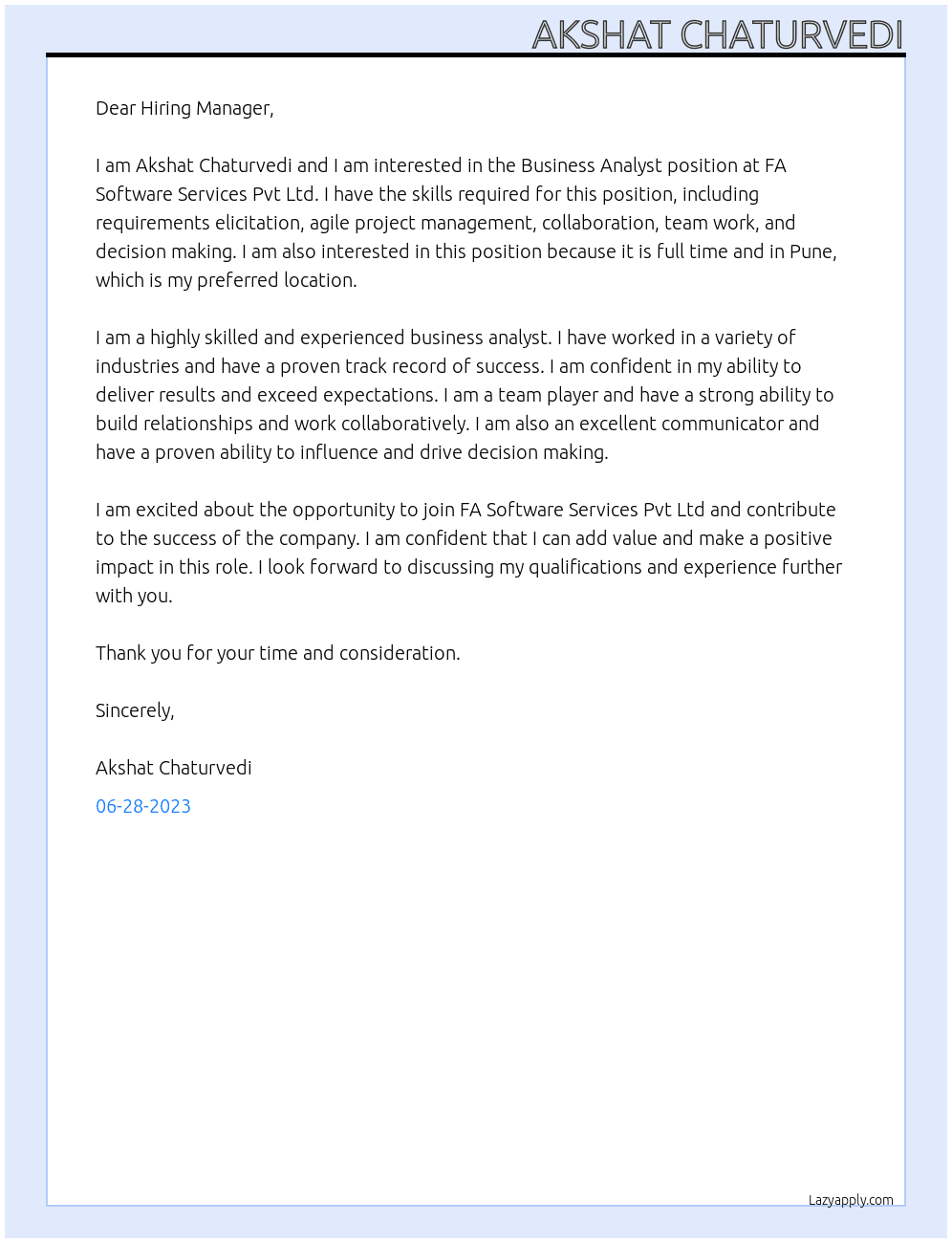 Business Analyst  At FA Software Services Pvt Ltd  Cover Letter
