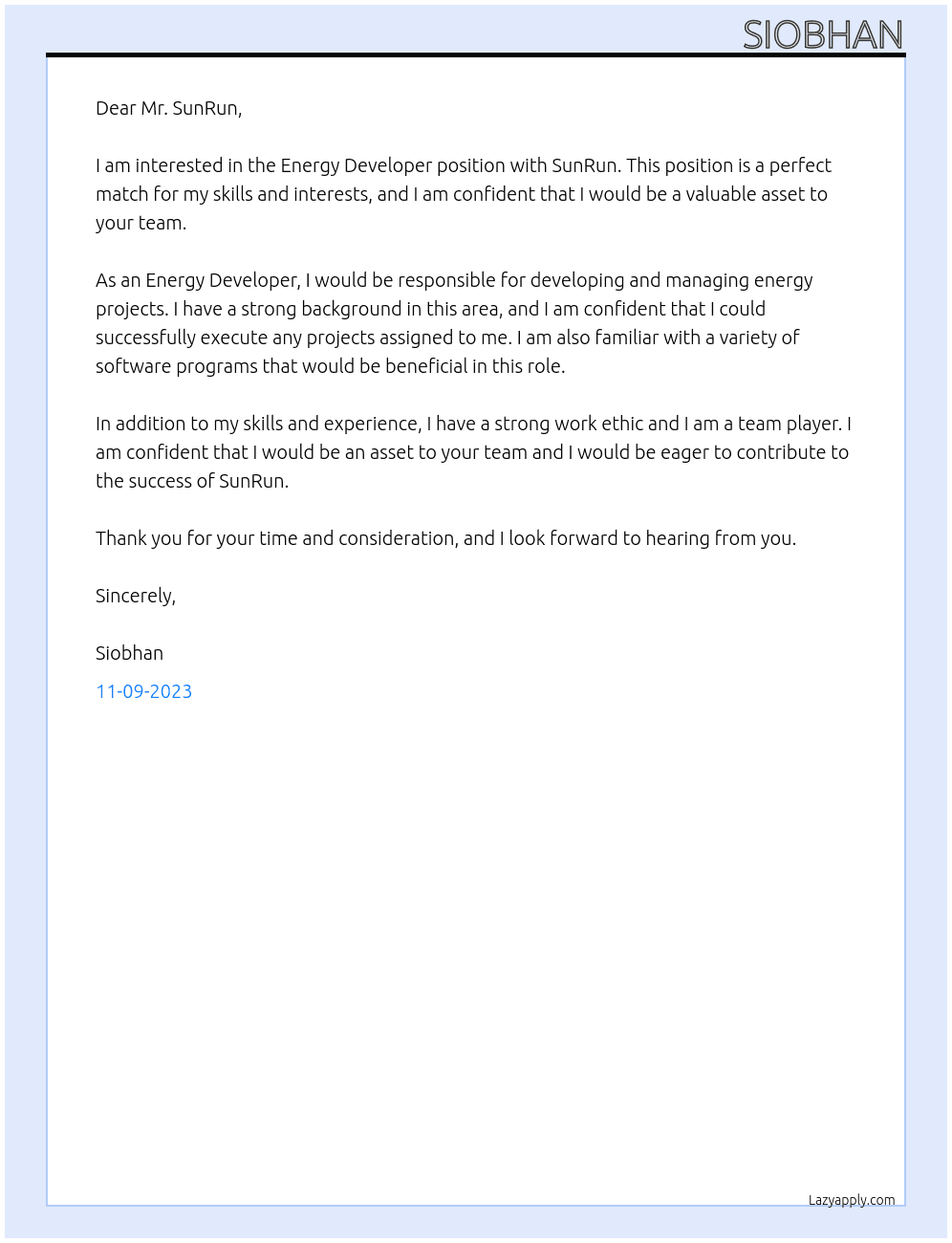 Energy Developer At SunRun Cover Letter