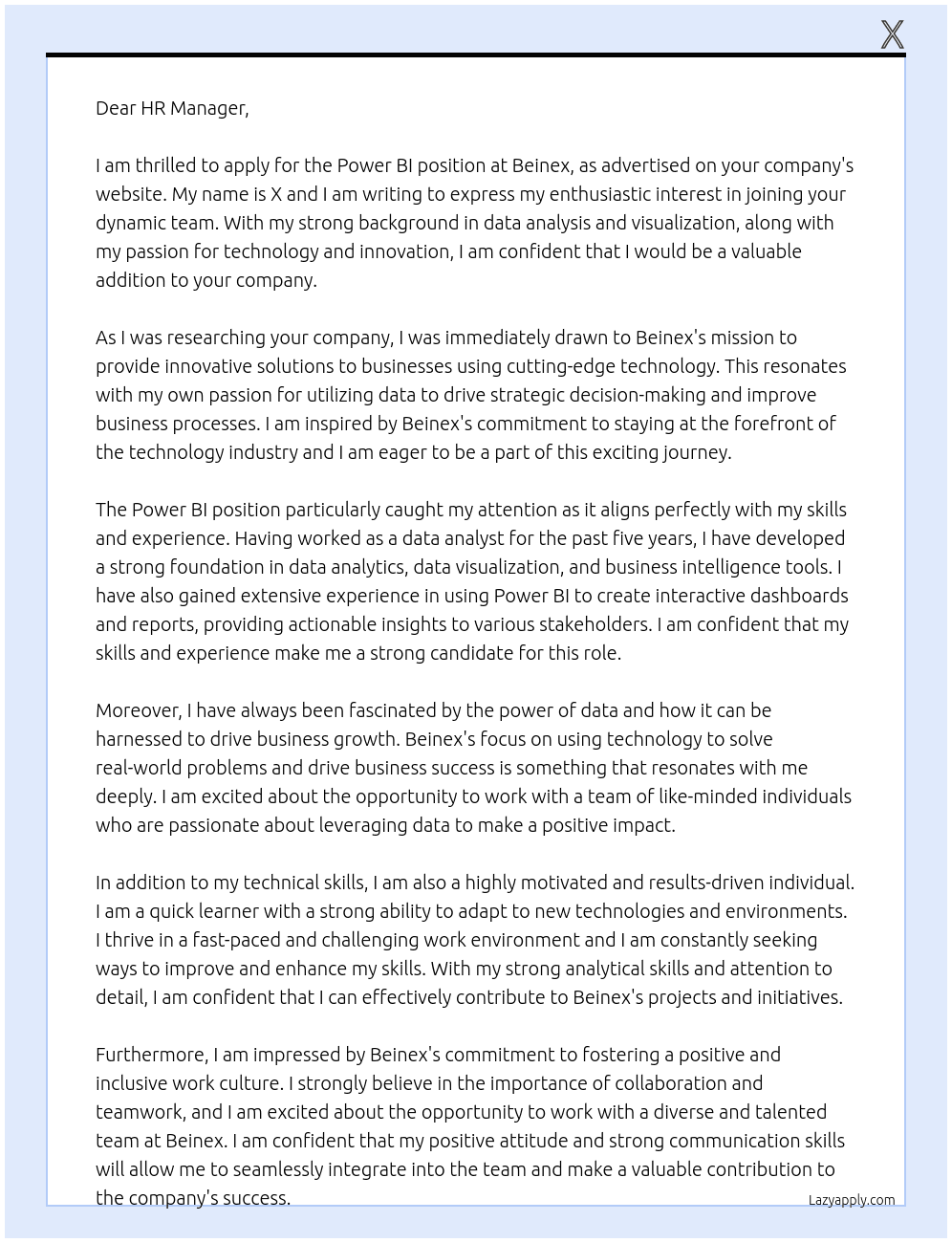Power BI  At Beinex Cover Letter