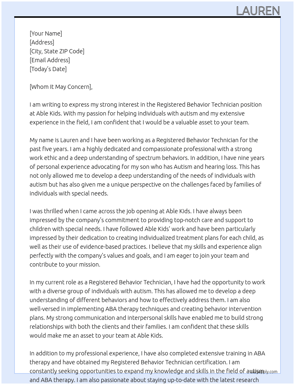 Registered Behavior Technician At Able Kids Cover Letter