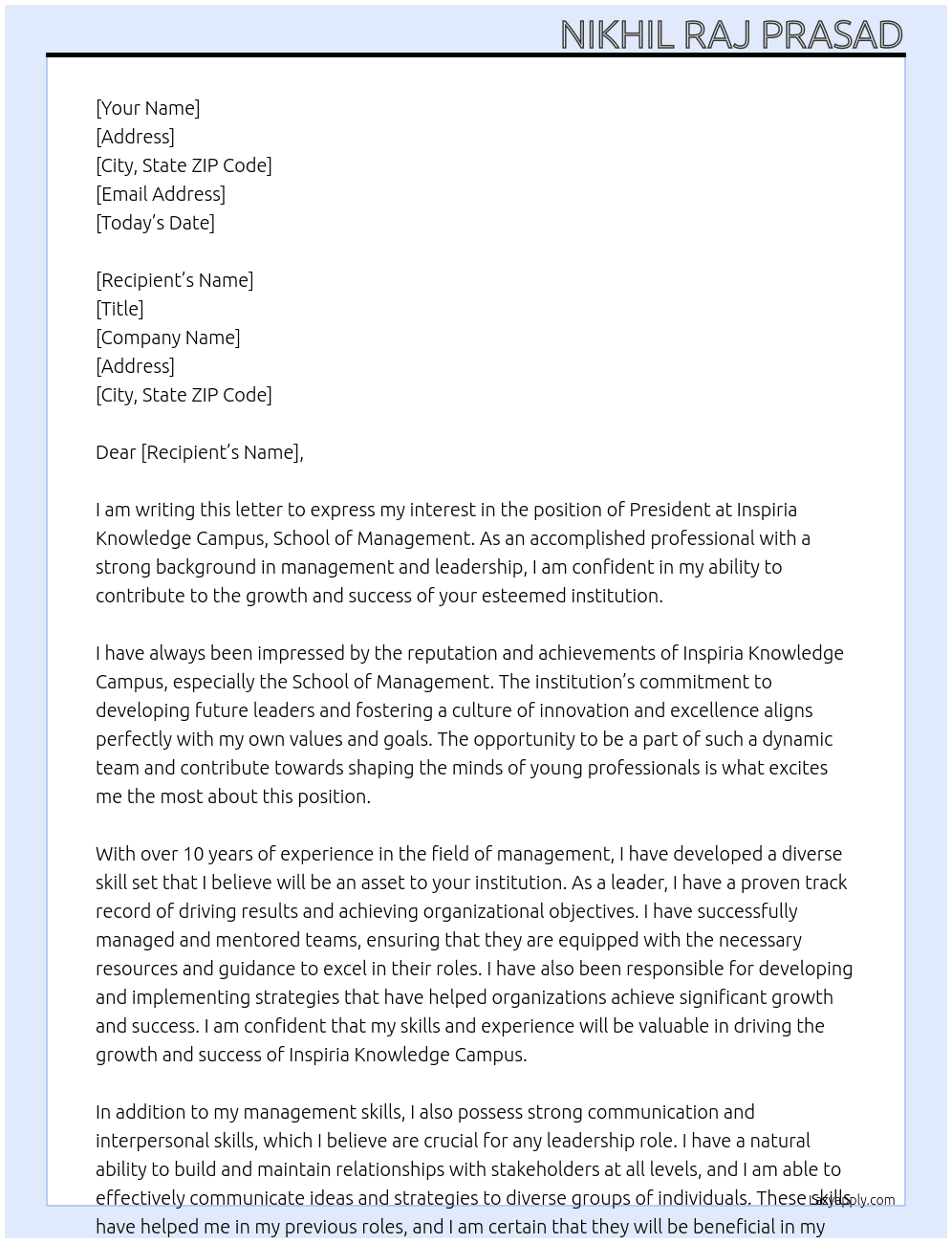 President At Inspiria knowledge campus, School of management' Cover Letter