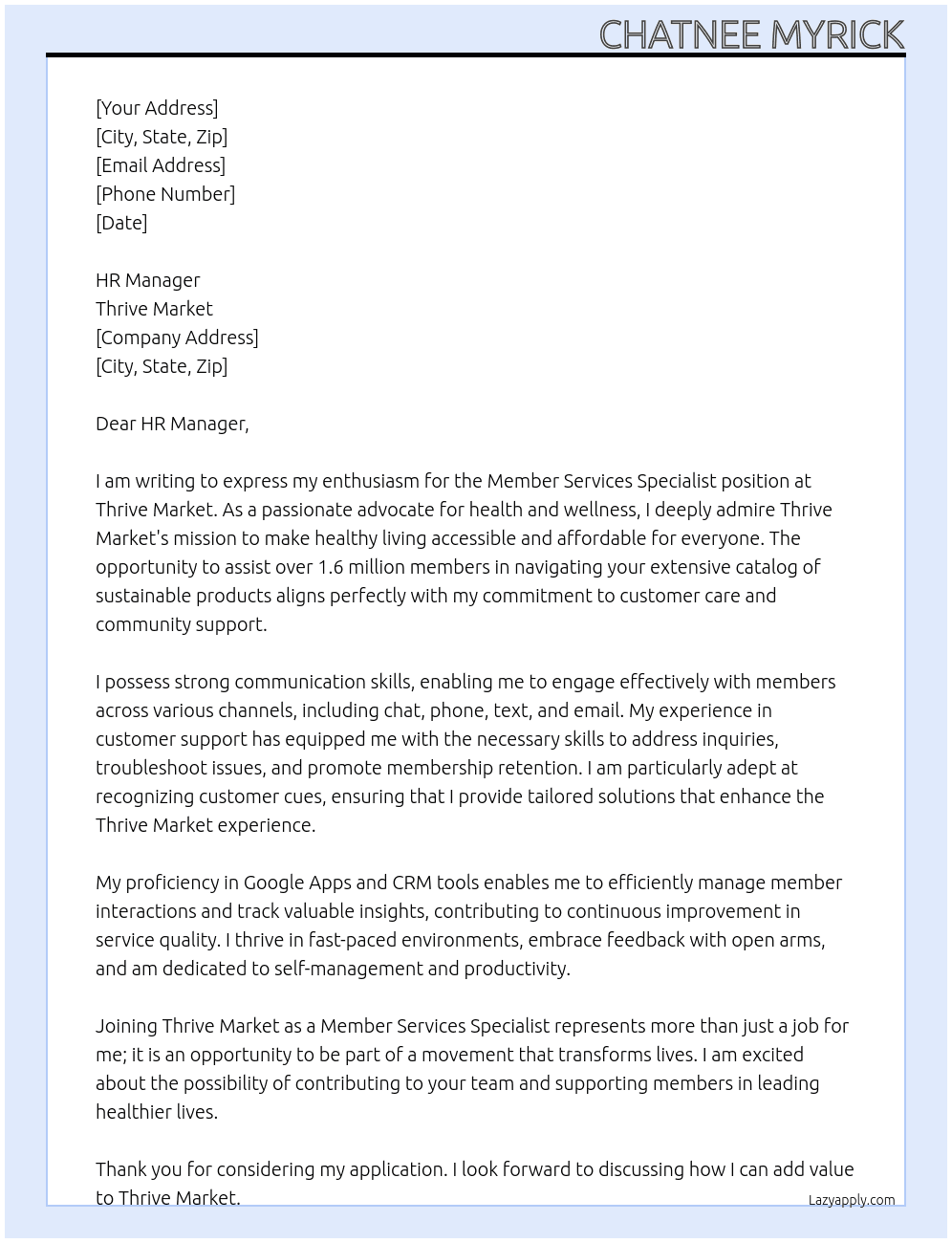 Member Services Specialist At Thrive Market Cover Letter