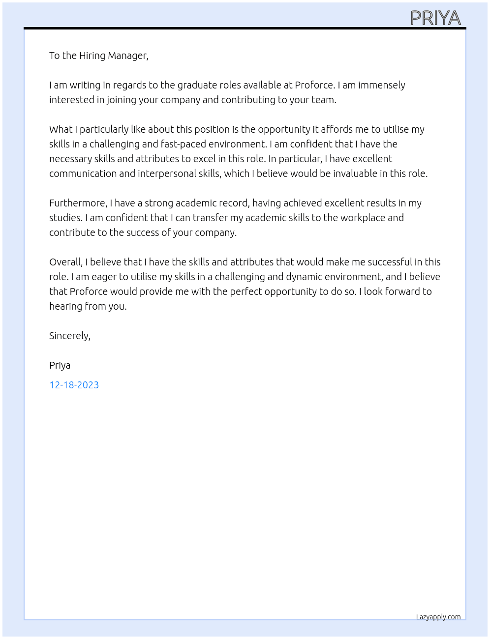 graduate roles  At proforce Cover Letter