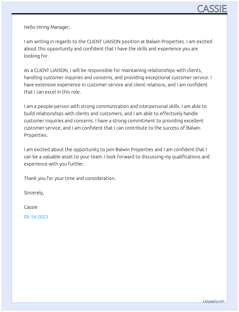 CLIENT LIAISON At Balwin properties  Cover Letter