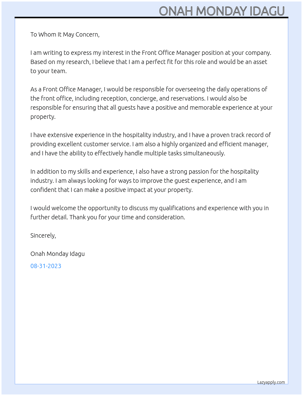 Front office Manager At N/A Cover Letter