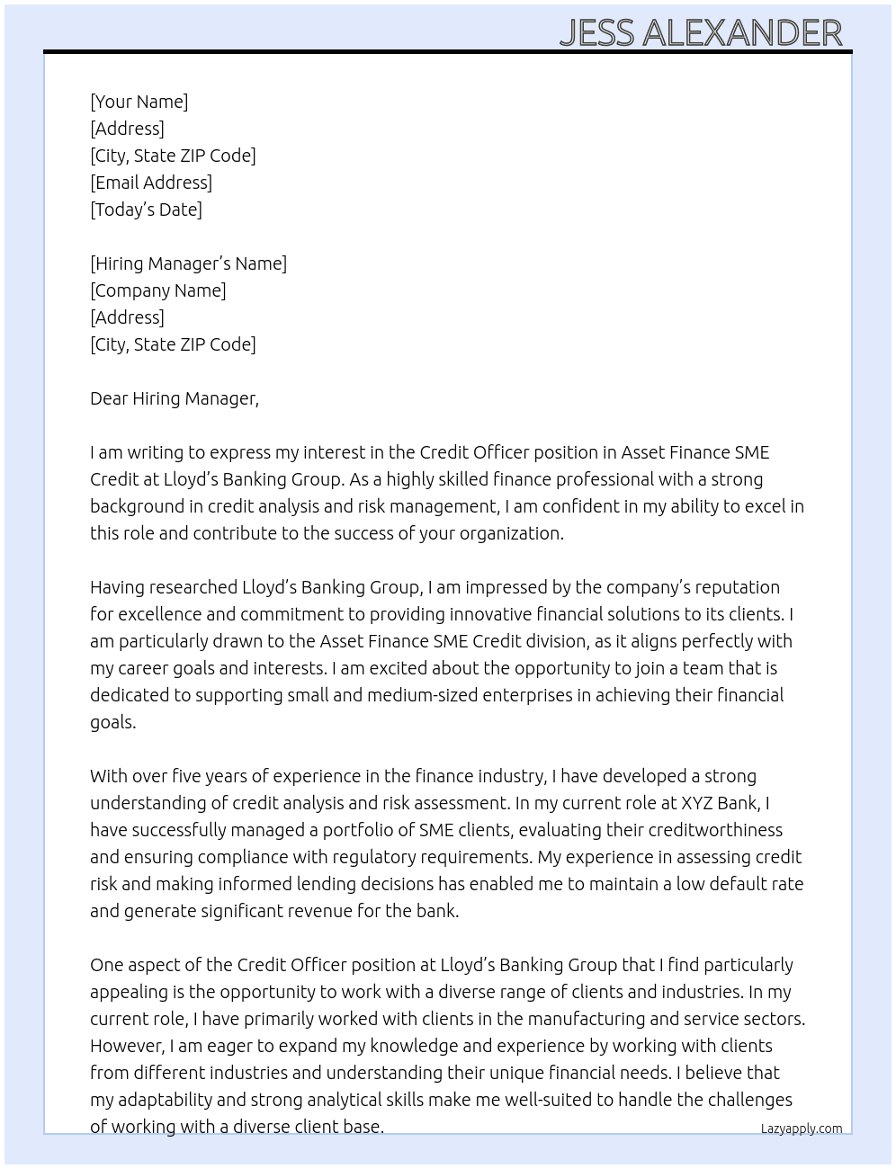 Credit Officer - Asset Finance SME Credit At Lloyd’s Banking Group Cover Letter