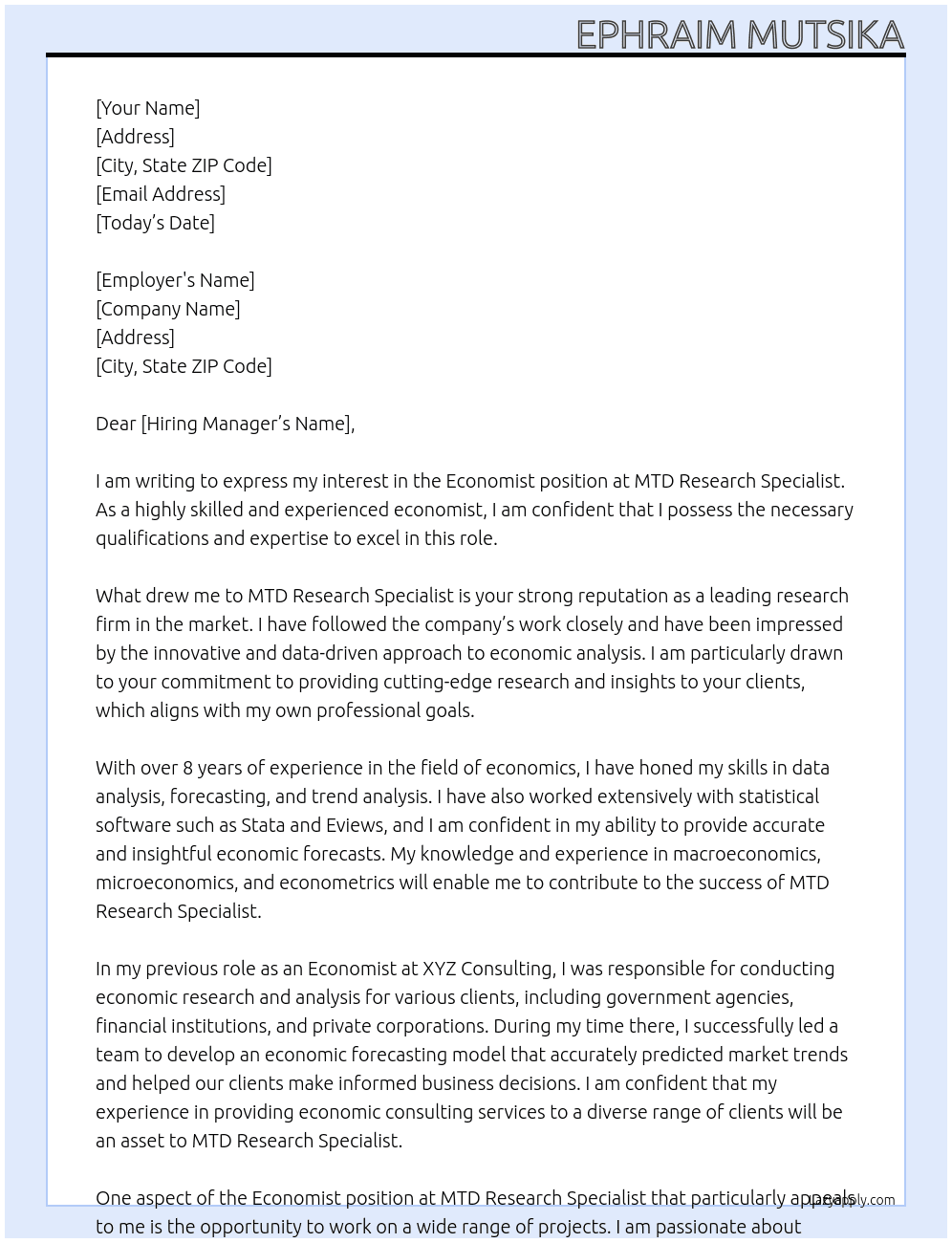 economist At MTD Research Specialist Cover Letter