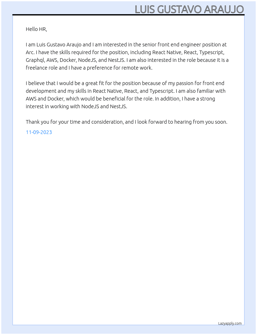 senior front end engineer At Arc Cover Letter