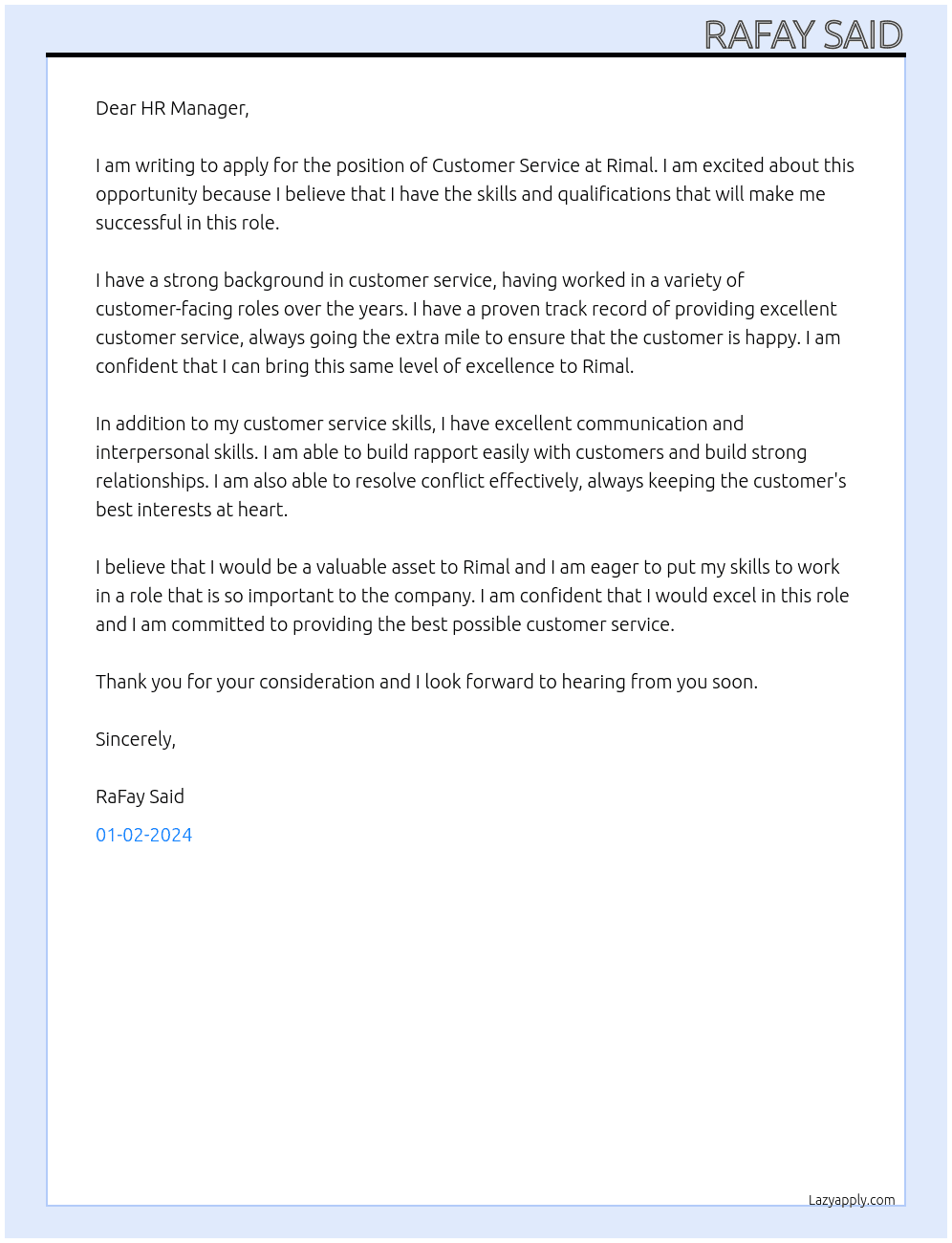 Customer service At Rimal  Cover Letter