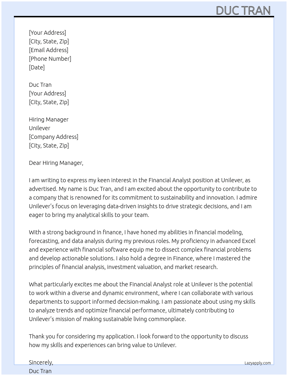 Cover letter for financial analyst - LazyApply