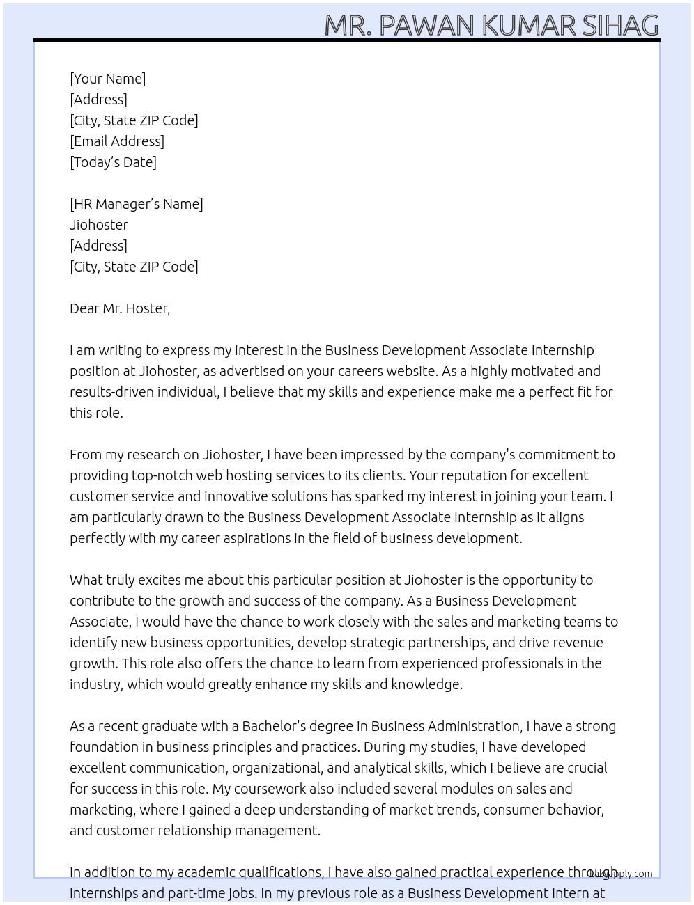Business Development Associate Internship At Jiohoster Cover Letter