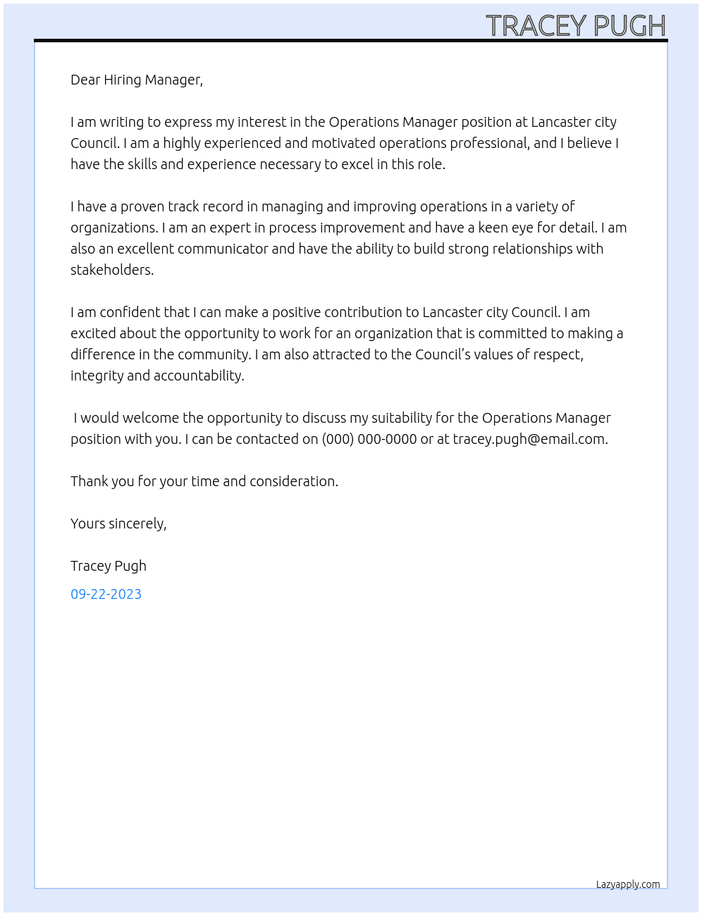 Operations Manager At Lancaster city Council Cover Letter