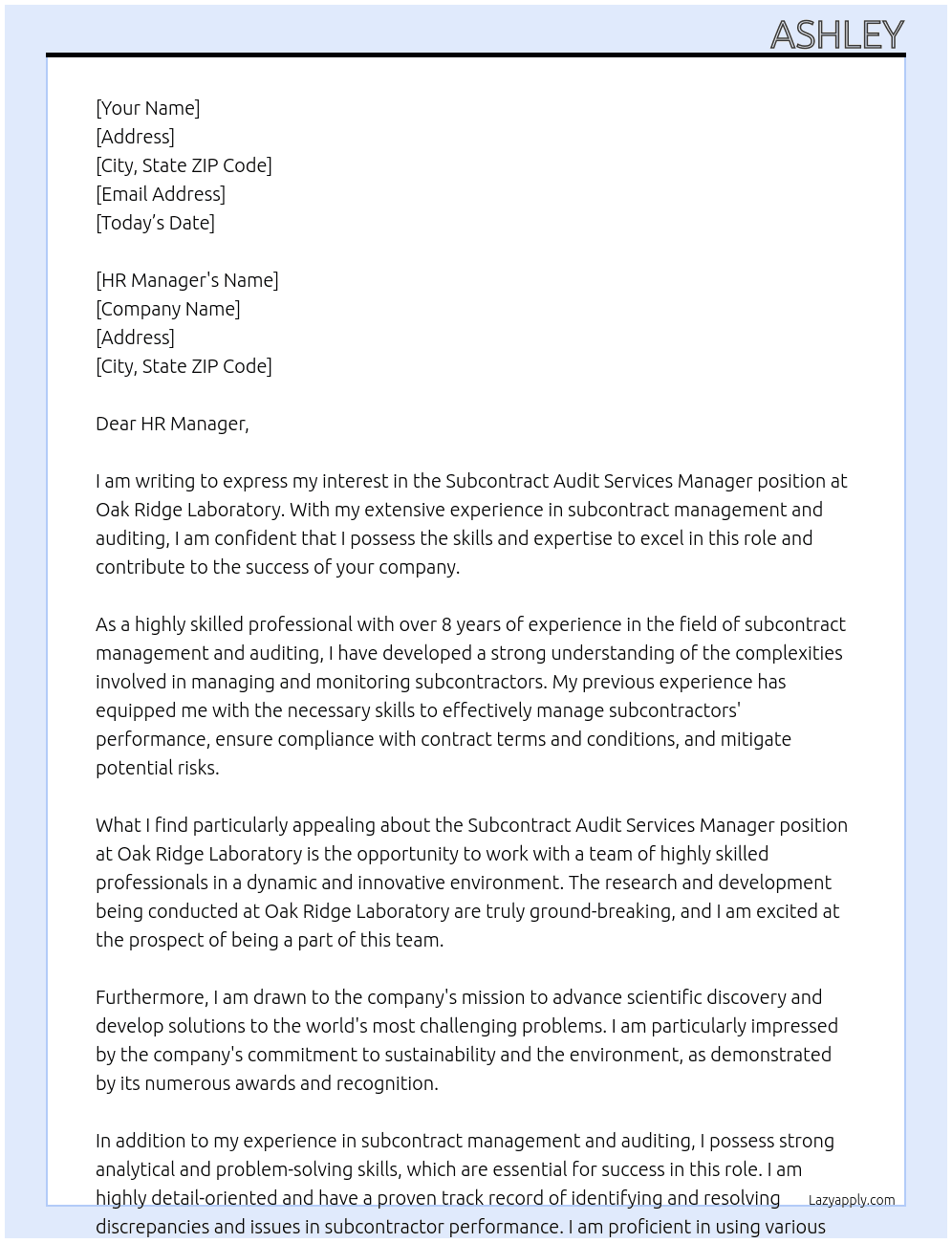 Subcontract Audit Services Manager At Oak ridge labratory Cover Letter