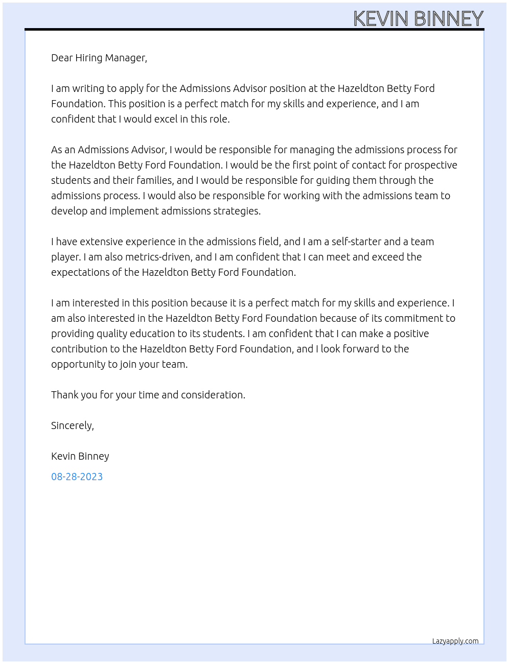 Admissions Advisor At Hazeldton Betty Ford Foundation Cover Letter