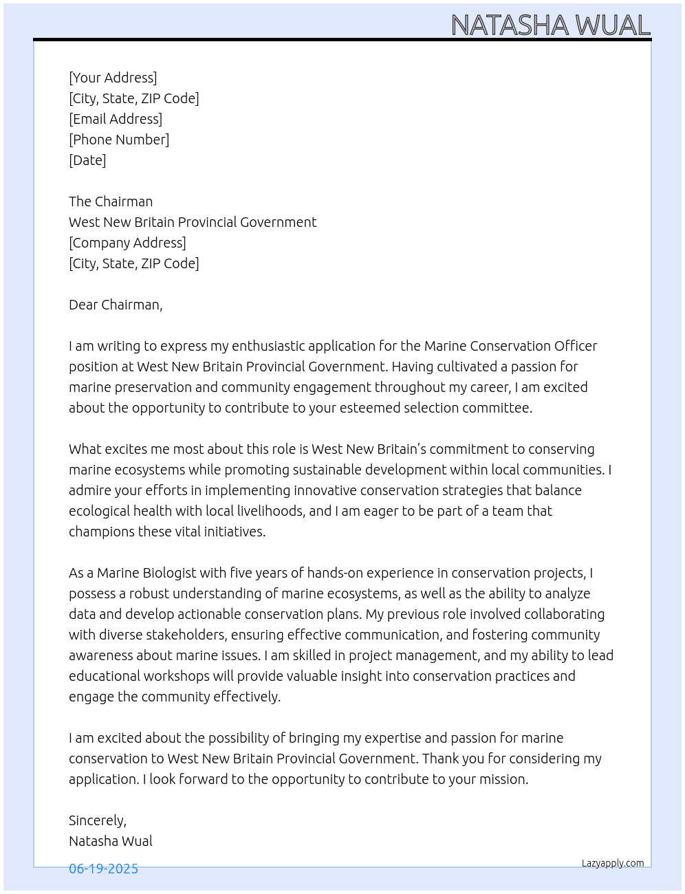 Marine Conservation Officer  At West New Britain Provincial Government  Cover Letter