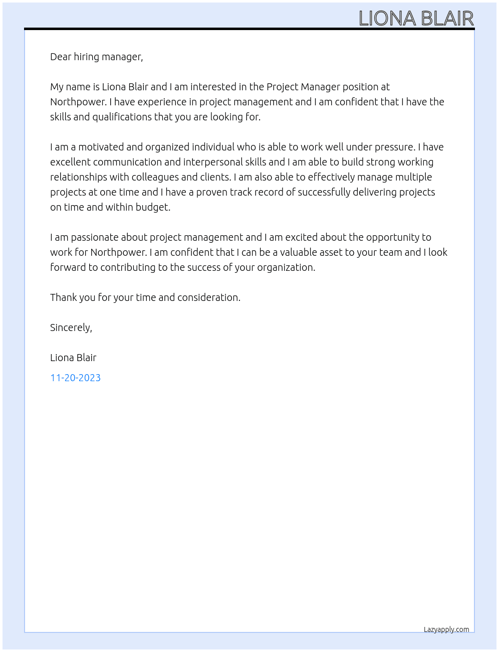 Project Manager At Northpower Cover Letter