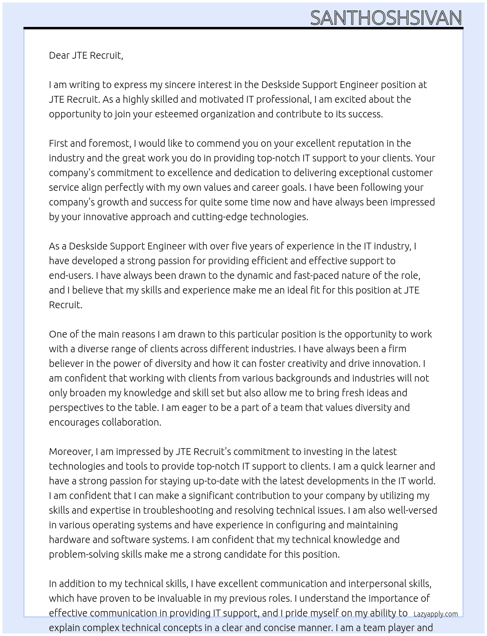 Deskside Support Engineer At JTE Recruit Cover Letter