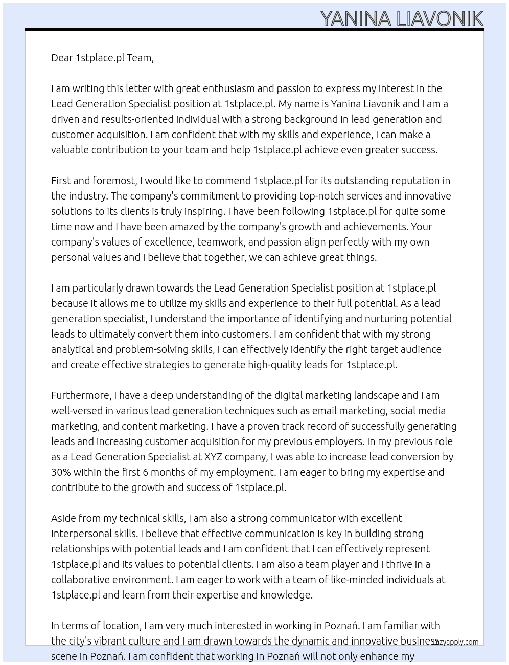 Lead Generation Specialist At 1stplace.pl Cover Letter
