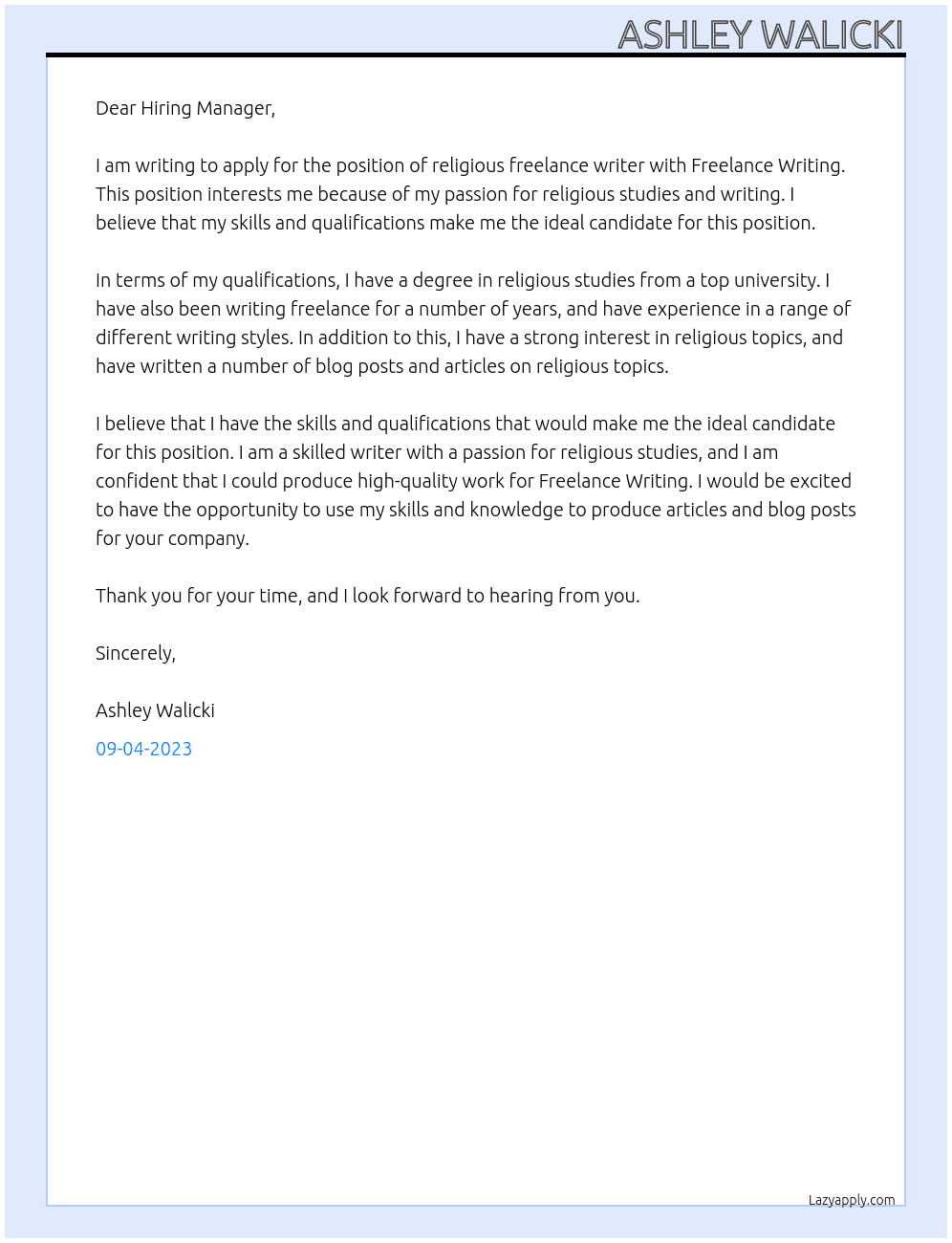 Religious Freelance Writer At Freelance Writing  Cover Letter