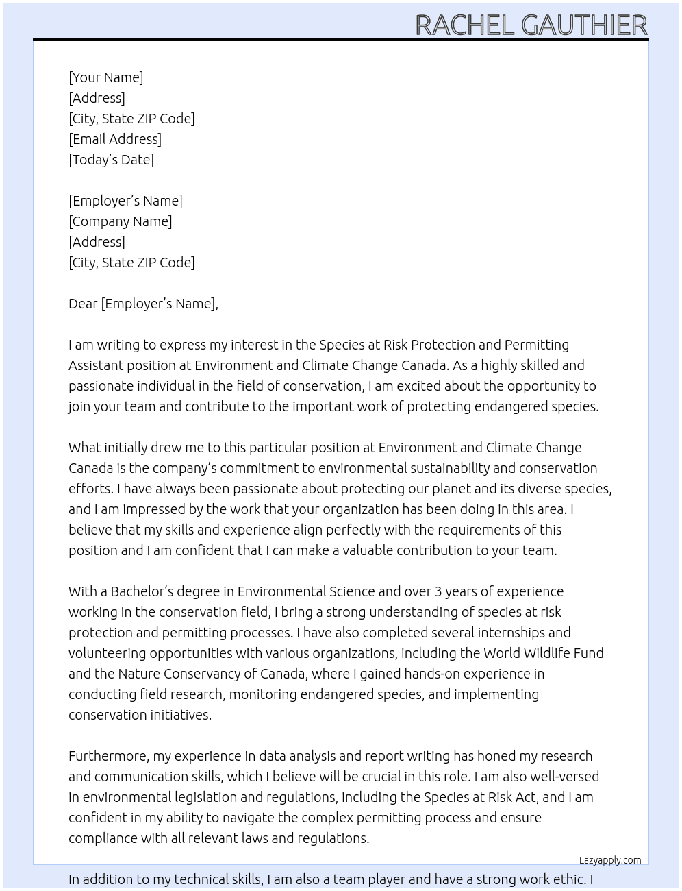 Species at Risk Protection and Permitting Assistant  At Environment and Climate Change Canada Cover Letter