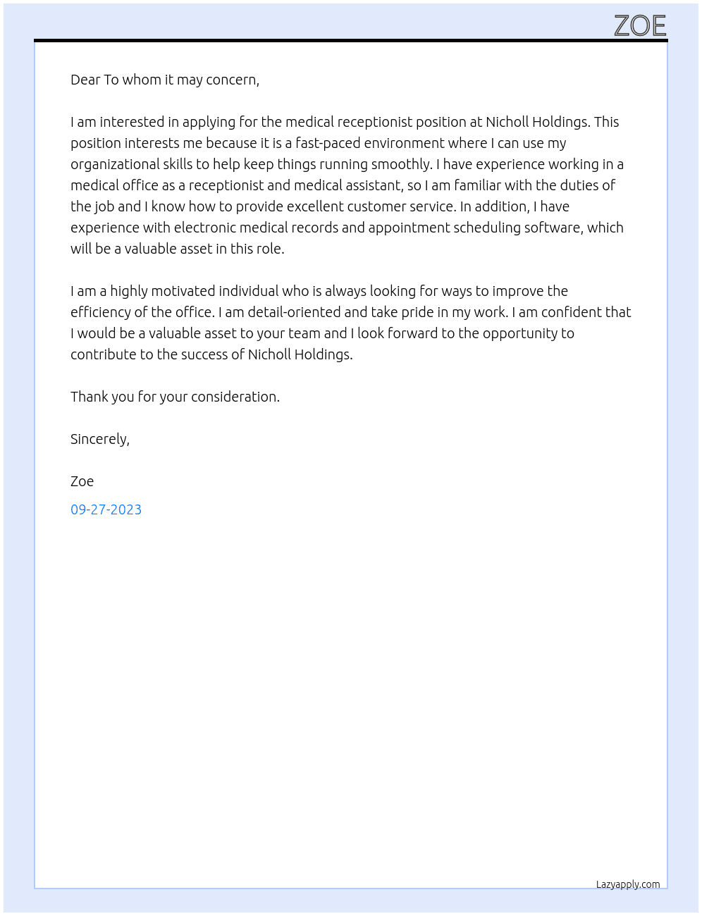 medical recepionist At Nicholl Holdings Cover Letter