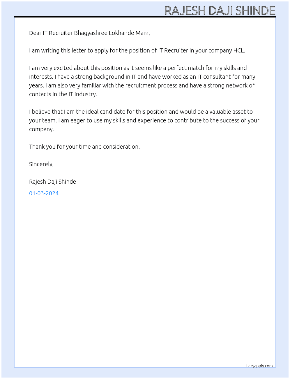 IT Recruiter  At HCL Cover Letter