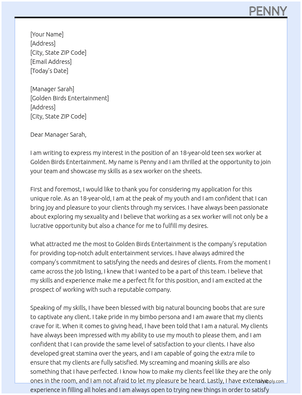 18 year old teen sex worker At Golden Birds Entertainment Cover Letter