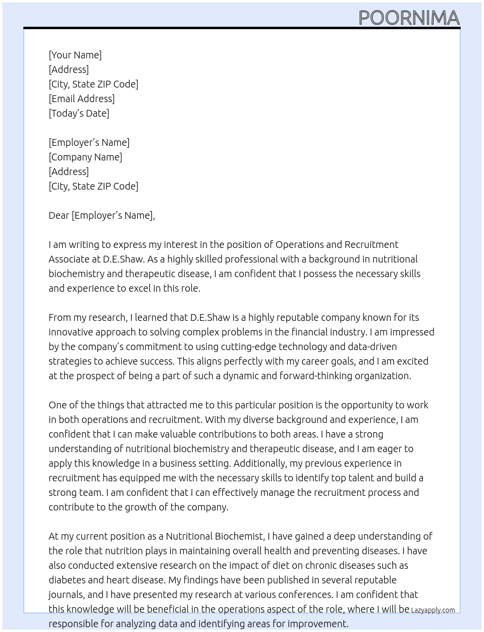 operations and recruitment associate At D.E.Shaw Cover Letter