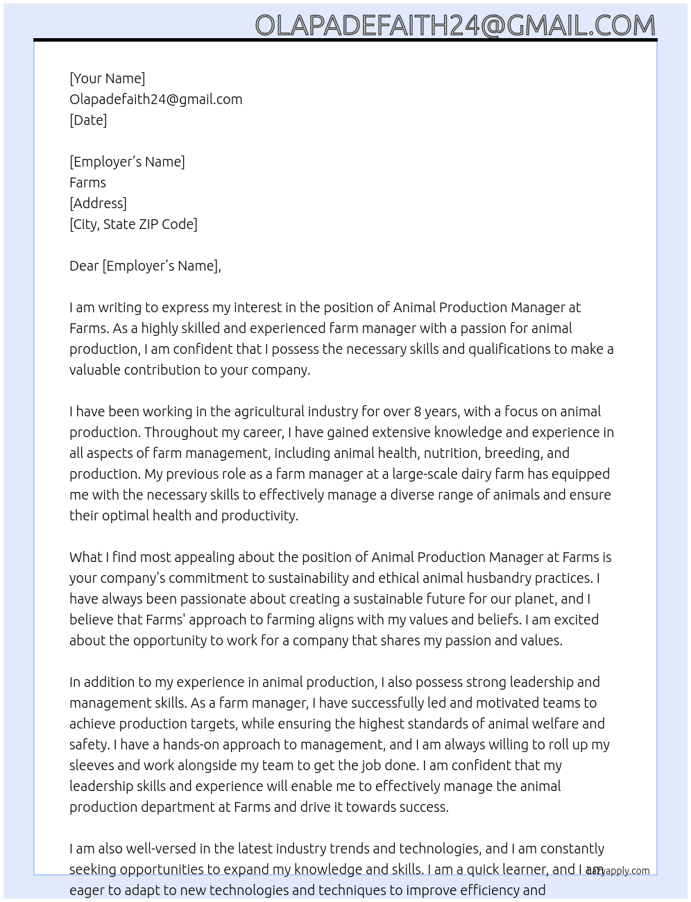 Animal production  At Farms  Cover Letter