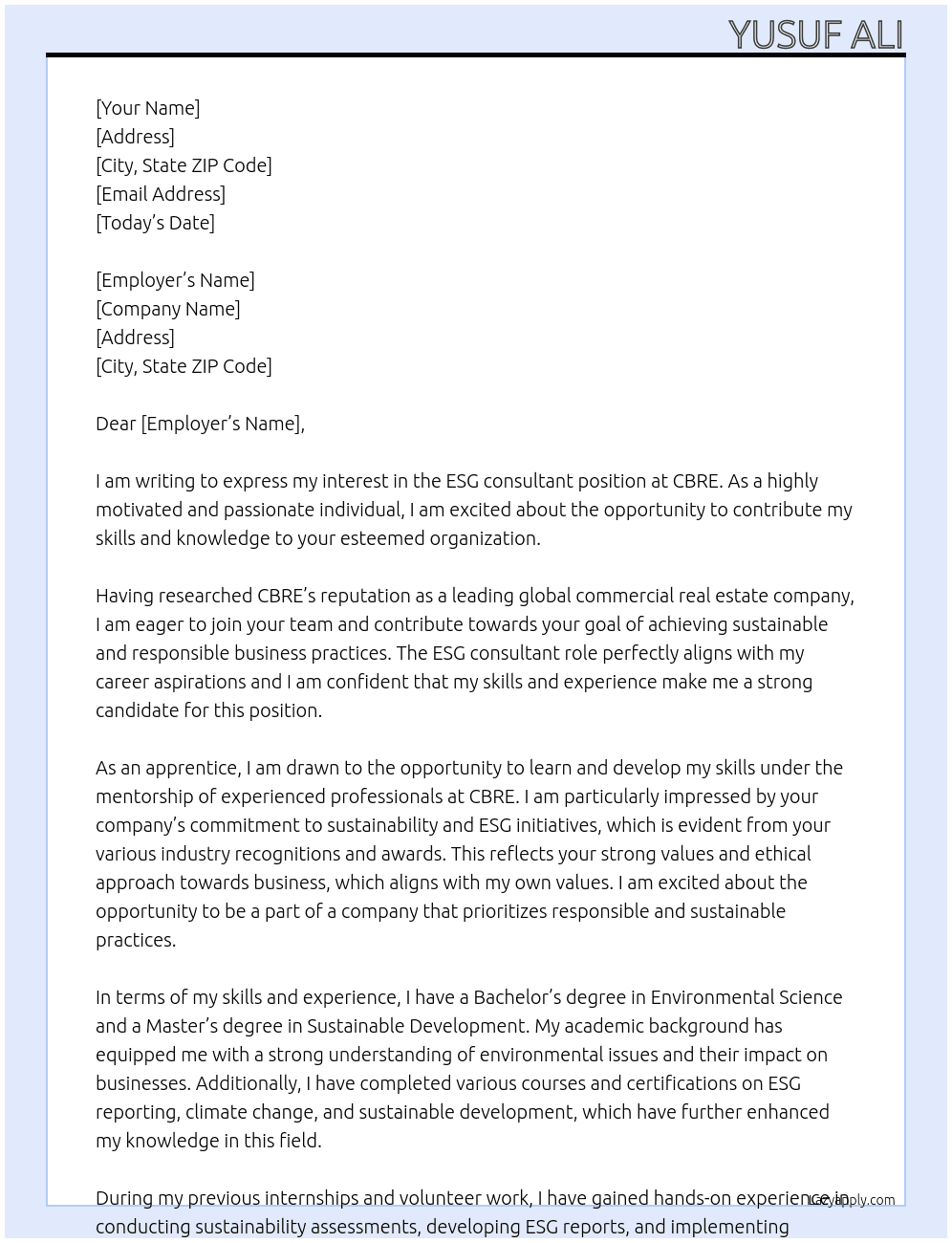 ESG consultant At CBRE Cover Letter