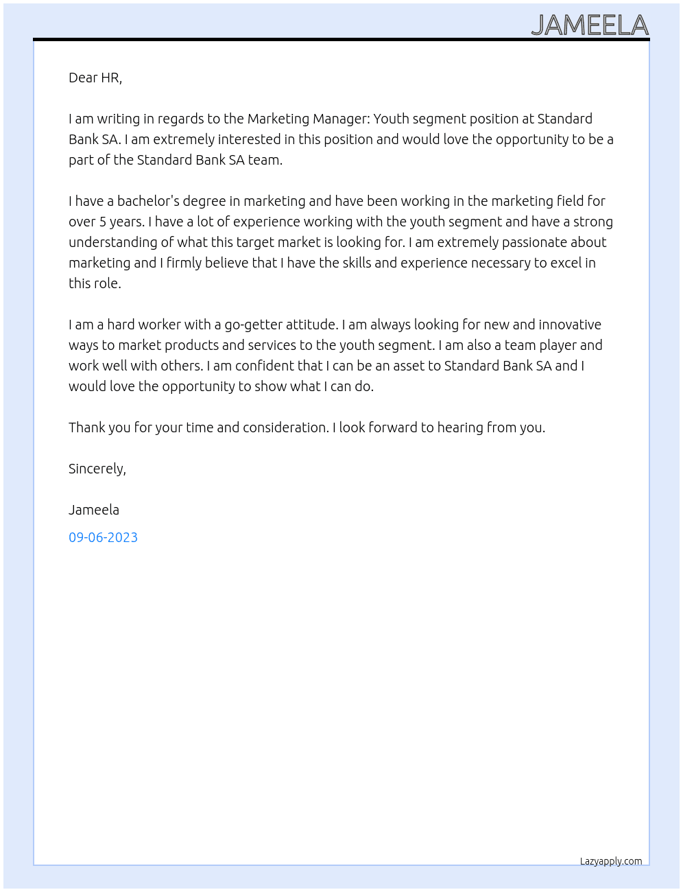 Marketing Manager: Youth segment At Standard Bank SA Cover Letter