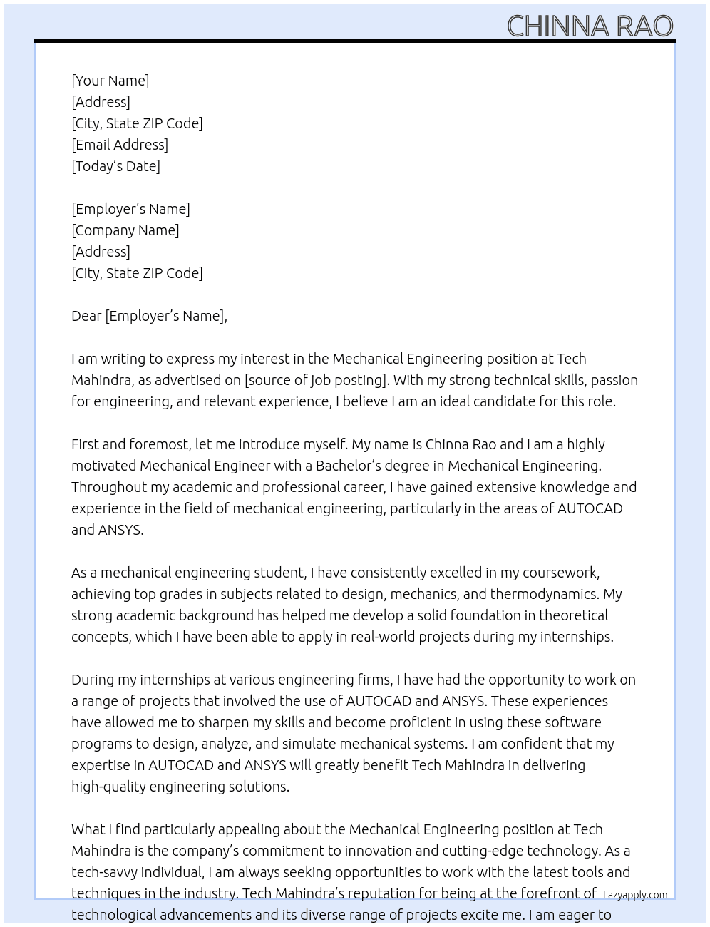 Mechanical Engineering At Tech mahindra Cover Letter
