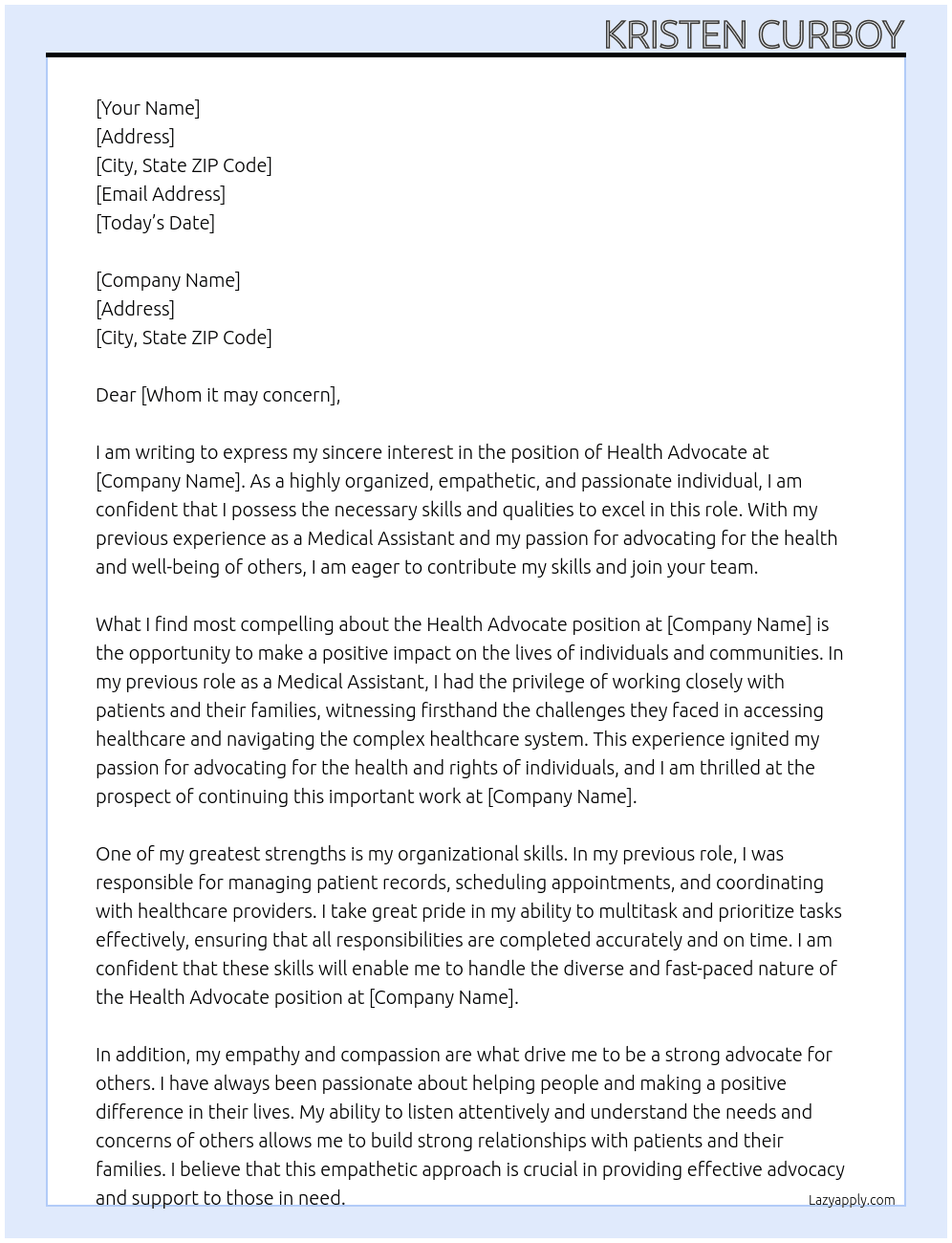 Health advocate At Medical assistant Cover Letter