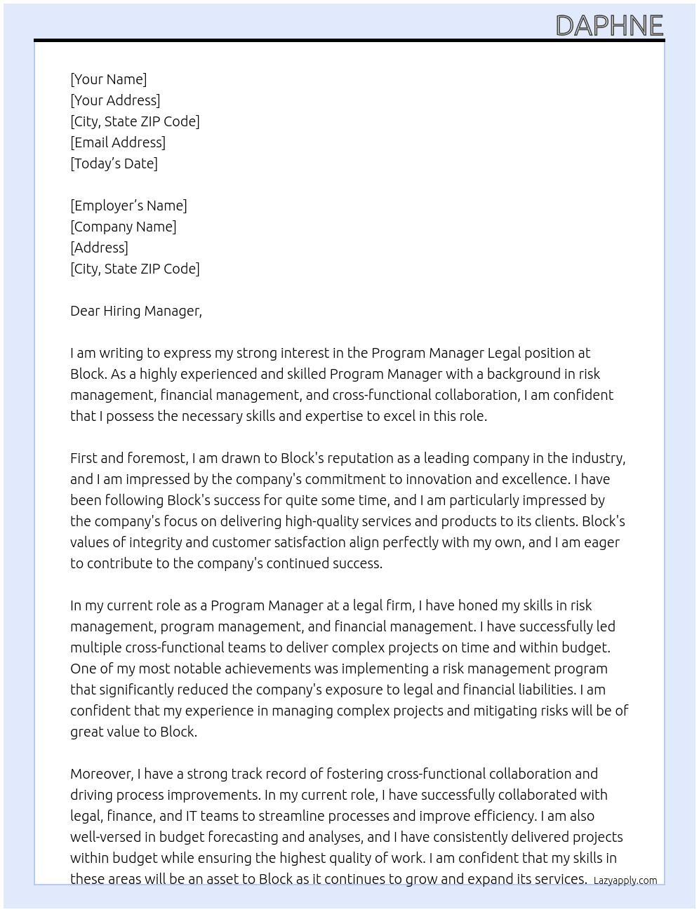 Program Manager Legal At Block Cover Letter