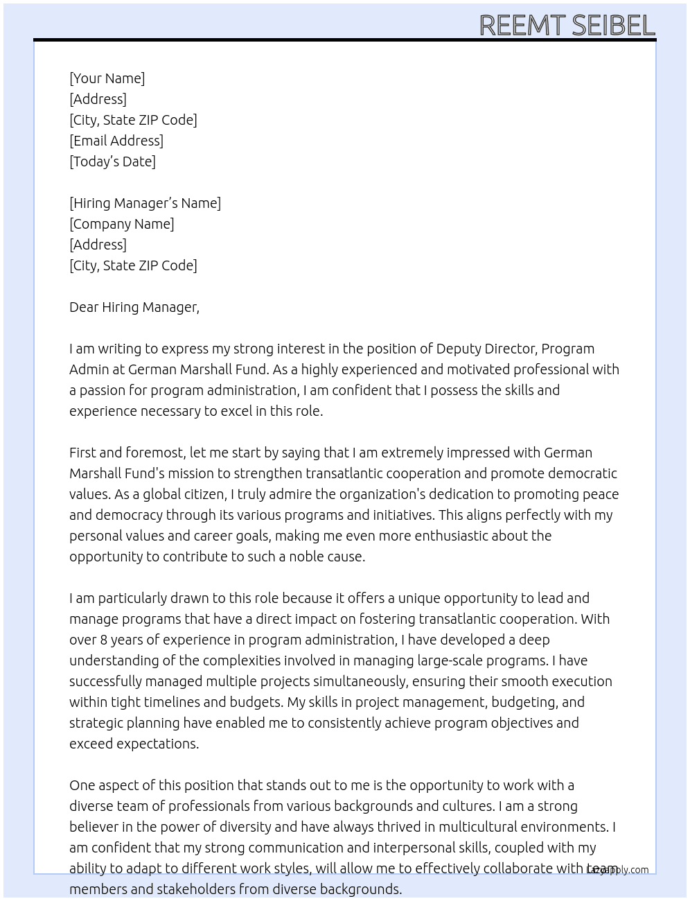 Deputy Director, Program Admin At German Marshall Fun Cover Letter