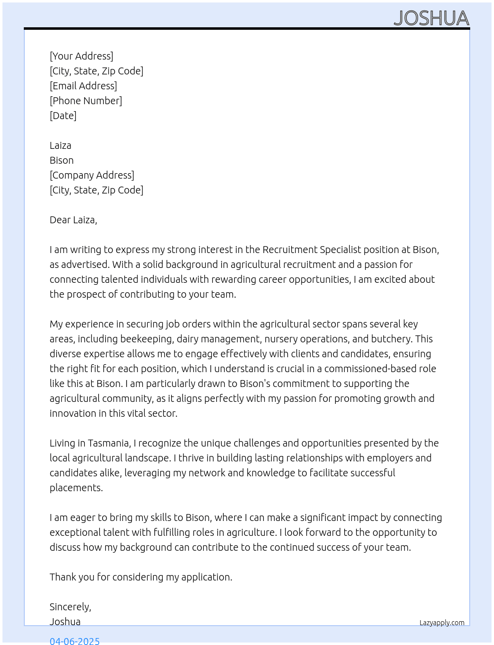 Recruitment Specialist At Bison Cover Letter