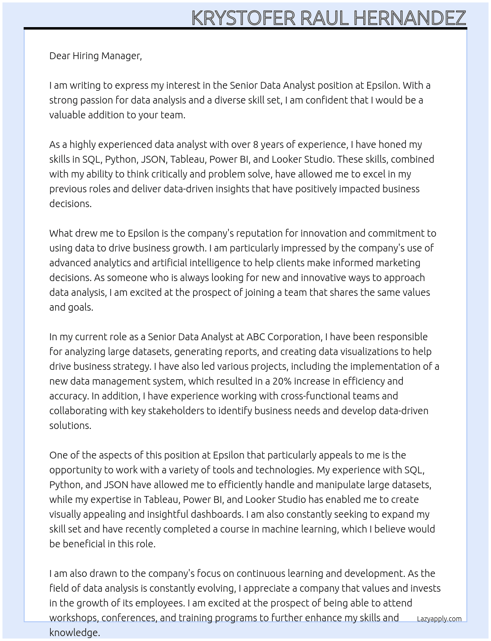Senior Data Analyst At Epsilon Cover Letter