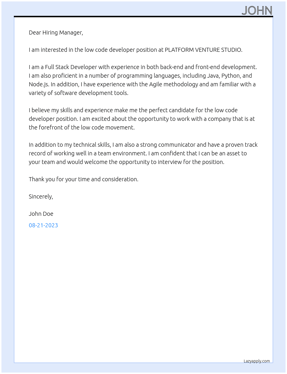 low code developer At PLATFORM VENTURE STUDIO Cover Letter