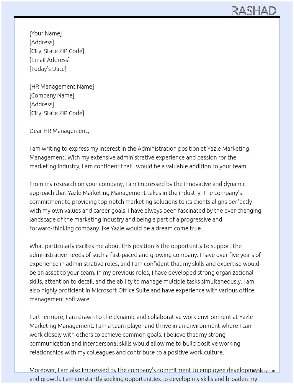Administration  At Yazle Marketing Management  Cover Letter