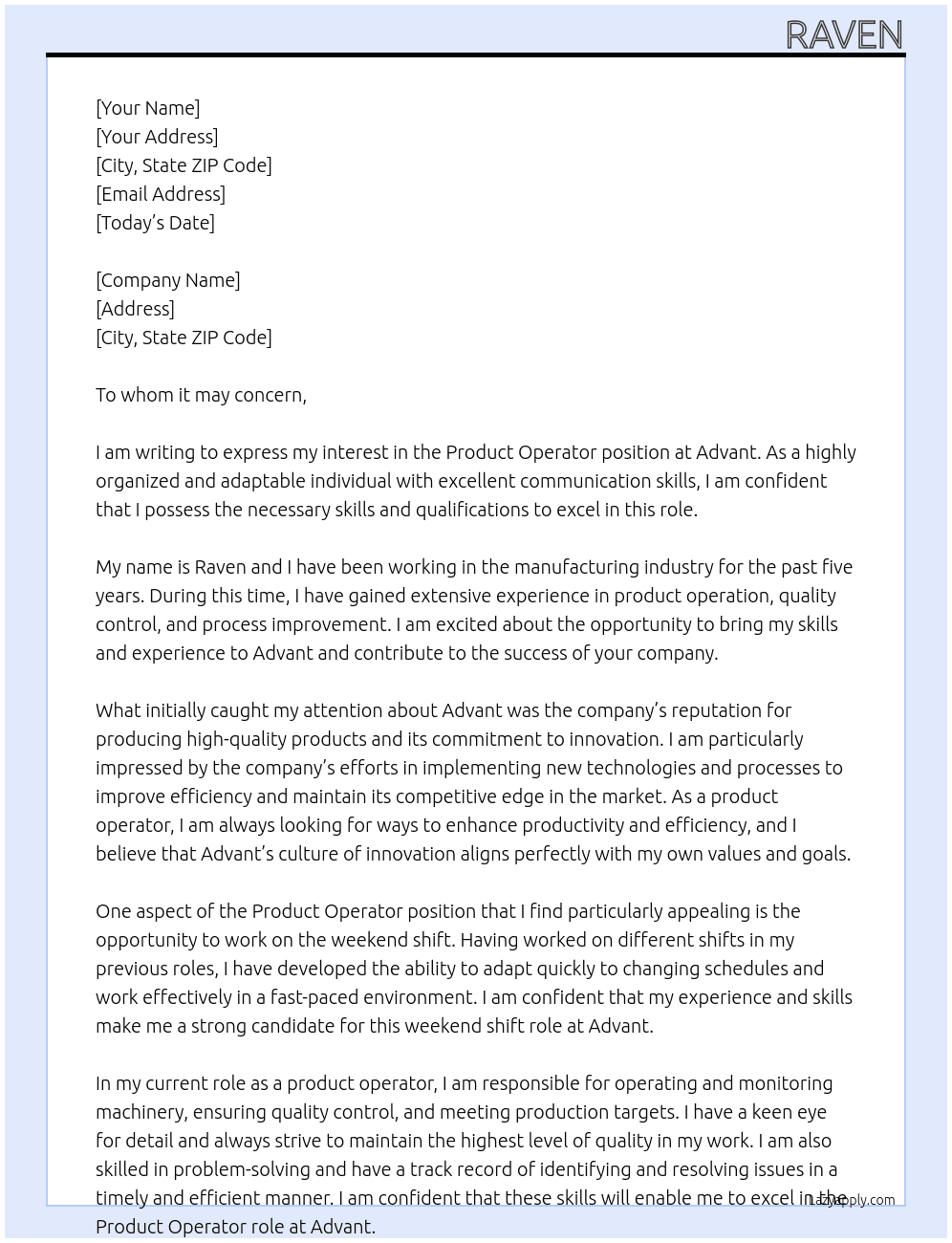 Product operator At Advant Cover Letter