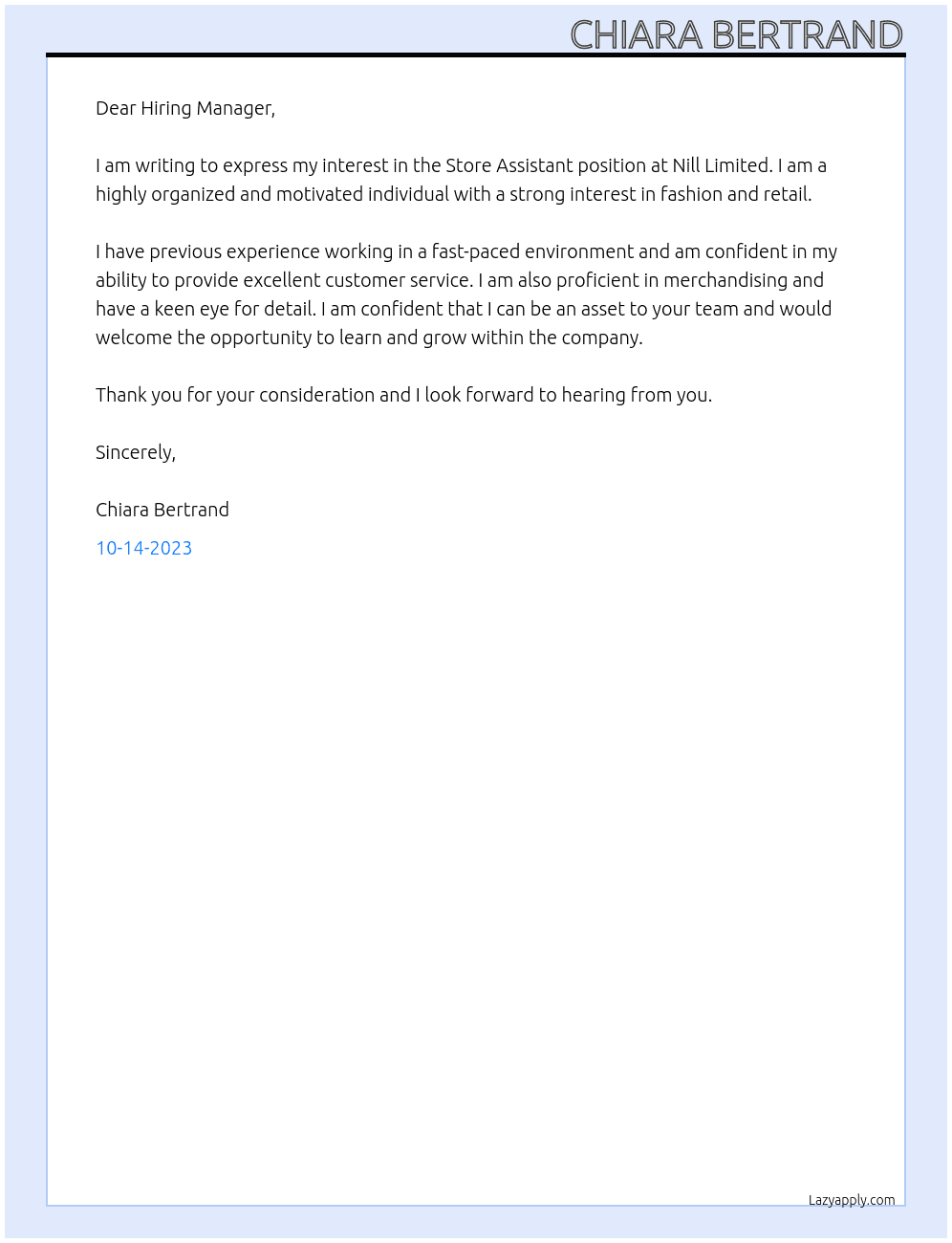 Store Assistant At Nill Limited Cover Letter