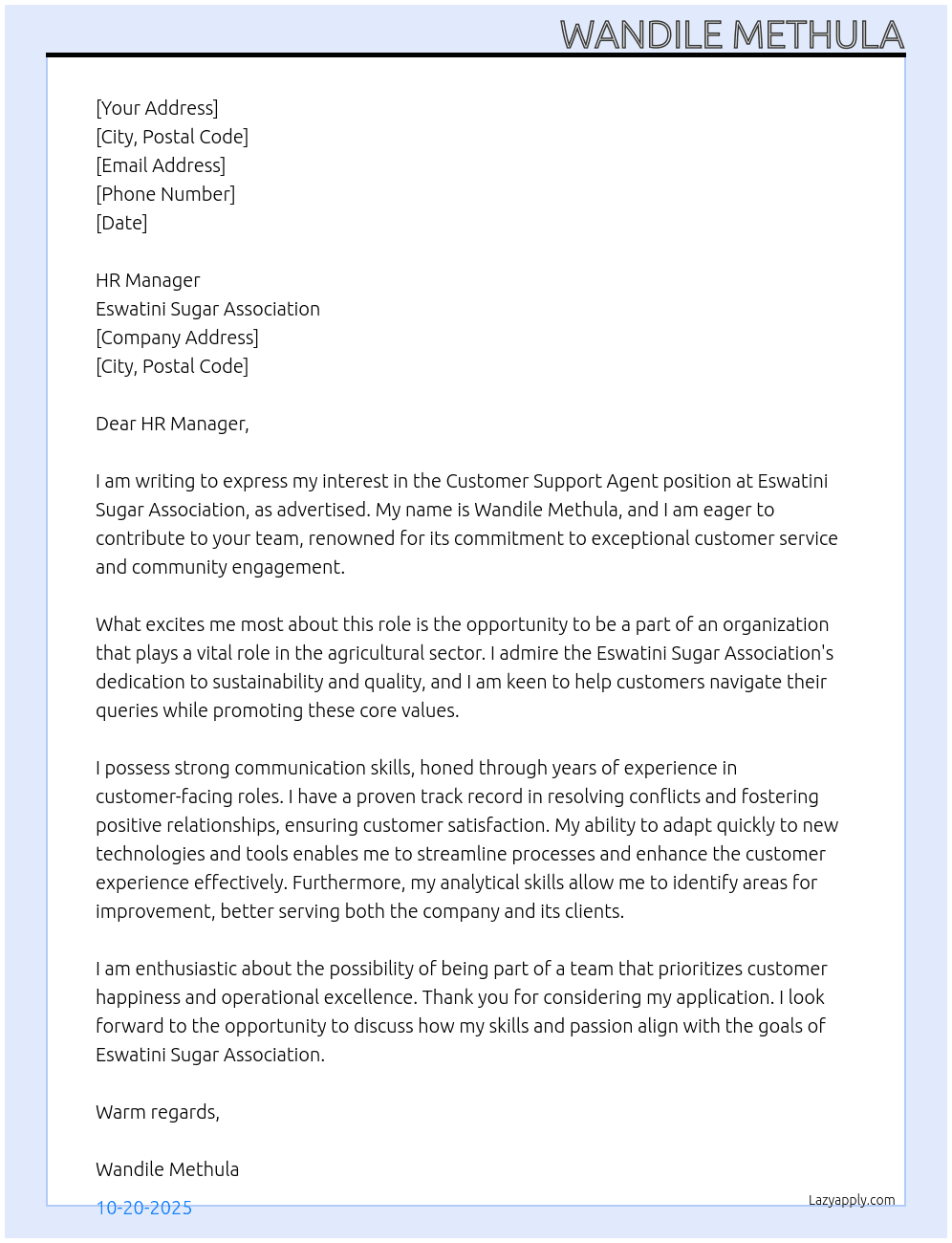 customer support agent At Eswatini Sugar Association Cover Letter