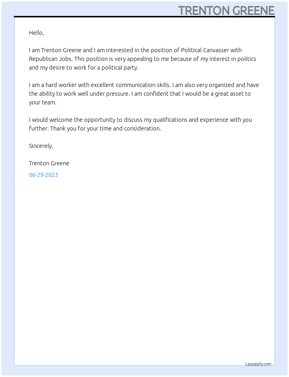 Political Canvasser  At Republican Jobs  Cover Letter