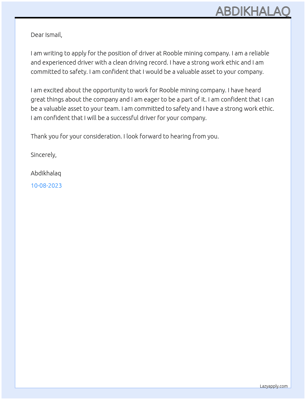 driver At Rooble mining company Cover Letter